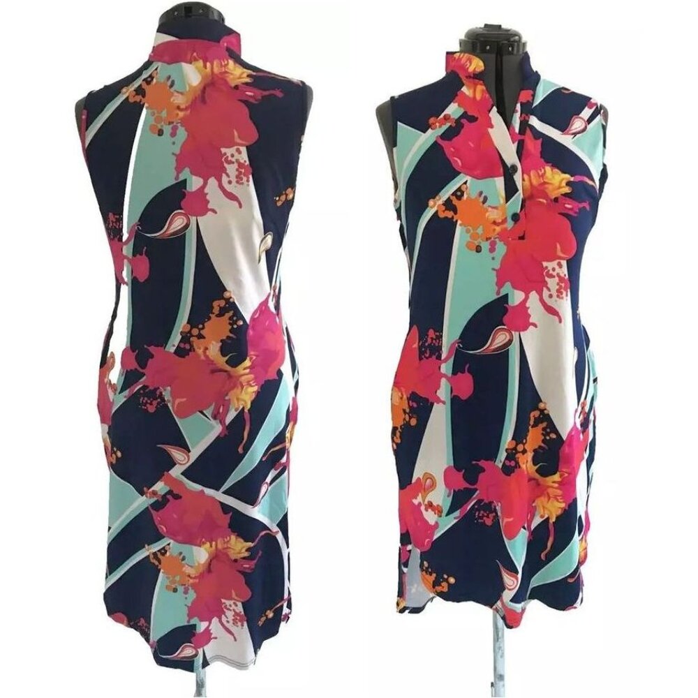 White Mark Navy Pink Aqua White Orange w/ High Low Hem, Splatter Design, Size L